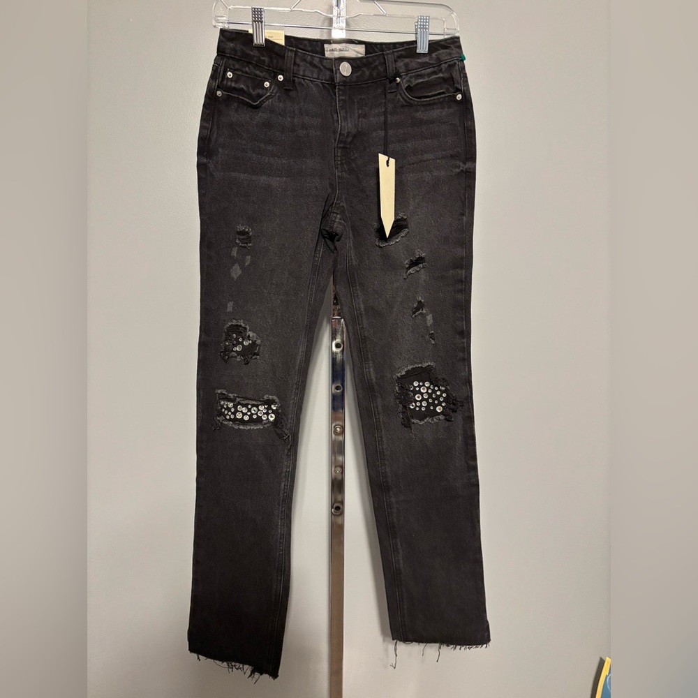 Ban-Jara Black straight leg mid rise rhinestones embellished distressed 1/24 NWT